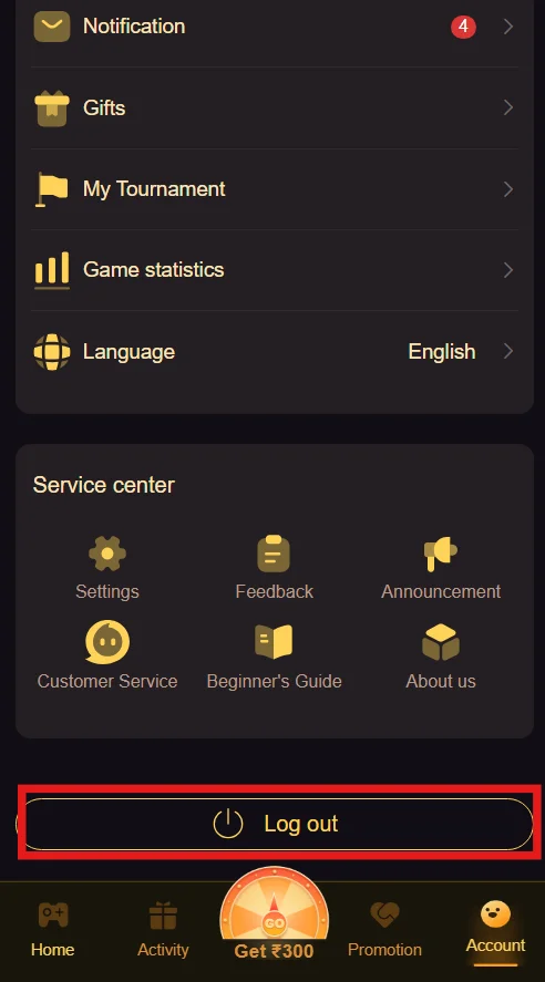 An image from Account page with a red box highlighting the Log out button.